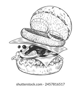 Black and white hand drawn hamburger with cheese, tomato, onion beef patty isolated in white background. Fast food. Sketch style disassembled burger with flying ingredients. Engraved illustration