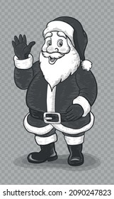 Black and White Hand Drawn Happy Retro Santa Claus Illustration Isolated on transparent Vector design element for Christmas and new year Colorful Cute Santa Claus Portrait Waving Hand and Laughing