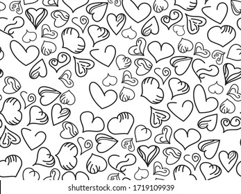 Black White Hand Drawn Hearts Seamless Pattern