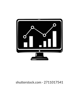 Schwarz-weiß-handgezeichnetes Symbol des Desktop-Monitors mit Datenvisualisierung