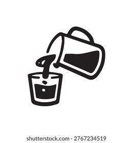 A black and white hand drawn icon depicting liquid being poured from a pitcher into a drinking glass Ideal for design projects related to drinks hydration or cooking