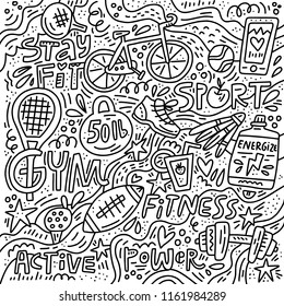 Black and white hand drawn illustration with sport and fitness symbols made in doodle style.