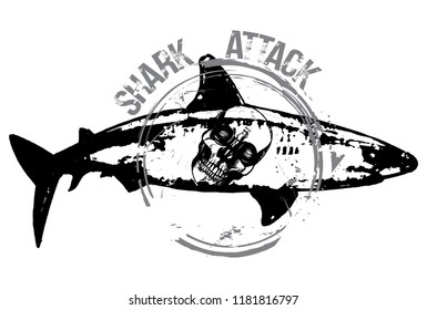 Black and white hand drawn illustration of human skull in a shark