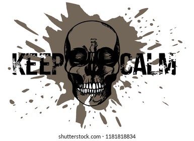 Black and white hand drawn illustration of human skull on a muddy ground