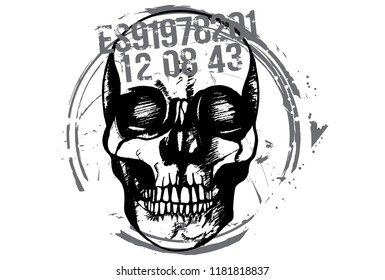 Black and white hand drawn illustration of criminal human skull.