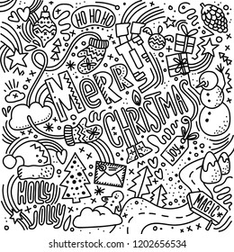 Black and white hand drawn illustration with Сhristmas symbols made in doodle style. Cute cartoon xmas symbols in bright colors with lettering.