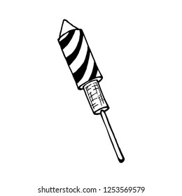Black and white hand drawn illustration of Rocket Firework isolated on white background