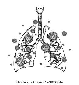black and white hand drawn illustration corona virus covid-19 inlung premium vector