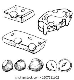 Black and white hand drawn illustration of hazelnut chocolate bar and bread with chocolate paste. Handwritten graphic techniqe