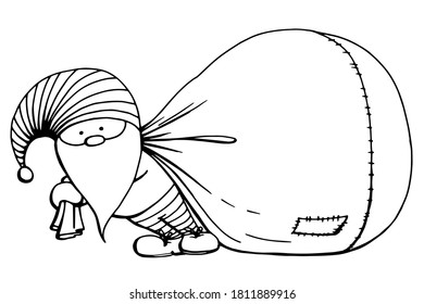Black and white hand drawn illustration . A funny little elf in a striped dress with a big bag of gifts. Handwritten graphic techniqe