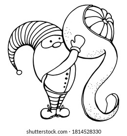 Black and white hand drawn illustration. Funny little elf in a striped dress with a tangerine in his hands. Peel the orange. Handwritten graphic techniqe