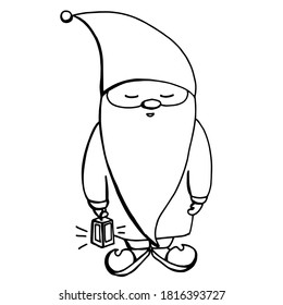 Black and white hand drawn illustration. Funny little elf in striped clothes with a Christmas candle in his hands. Handwritten graphic techniqe