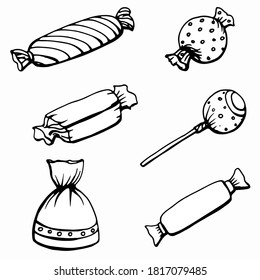 Black and white hand drawn illustration. Sweets and sweets of various shapes. Handwritten graphic techniqe