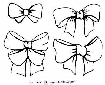 Black and white hand drawn illustration. Textile bows for wrapping gifts of different shapes. Handwritten graphic techniqe