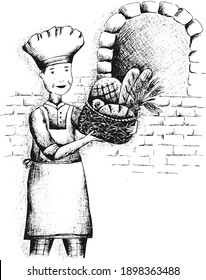Black and white hand drawn illustration. 
Vector image baker. Fresh bread and buns.Transparent background.
