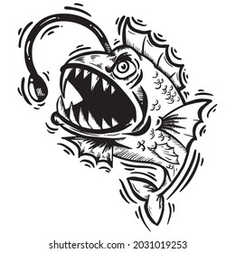 black and white hand drawn illustration of angler fish