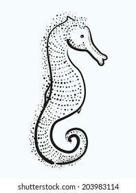 black and white hand drawn illustration of a beautiful seahorse