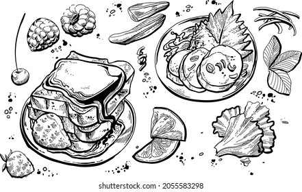 Black and white hand drawn illustration fruits and food