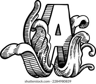 Black and white hand drawn illustration of a the letter A floral version.