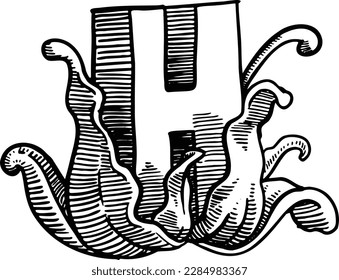 Black and white hand drawn illustration of a the letter H floral version.
