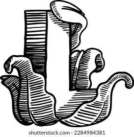 Black and white hand drawn illustration of a the letter L floral version.