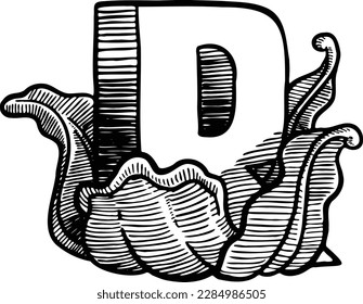 Black and white hand drawn illustration of a the letter R floral version.