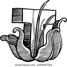 Black and white hand drawn illustration of a the letter T floral version.