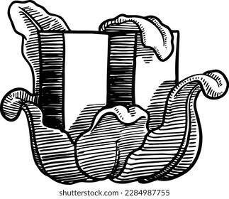 Black and white hand drawn illustration of a the letter U floral version.