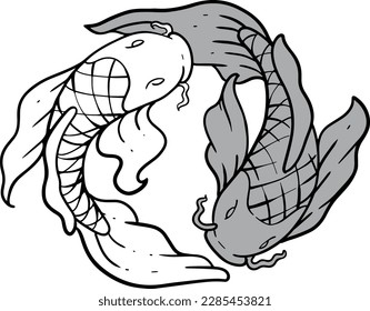 Black and white hand drawn illustration of koi fish swimming in a circle.