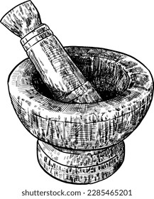 Black and white hand drawn illustration of a mortar and pestle