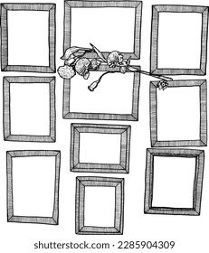 black and white hand drawn illustration of wall frames and dried flowers