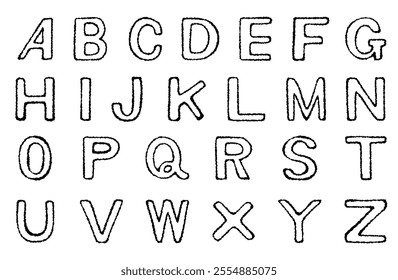 Black and white hand drawn illustration with alphabet capital letters