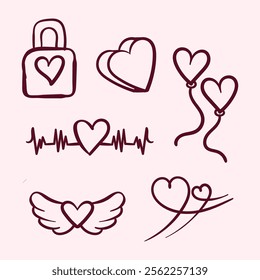 Black and white hand drawn illustration with doodle valentine or love theme isolated on background