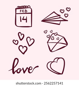 Black and white hand drawn illustration with doodle valentine or love theme isolated on background