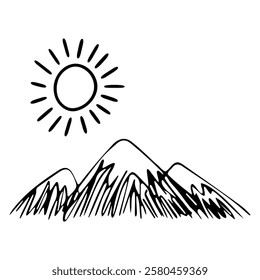 Black and white hand drawn illustration of mountains with the sun shining above isolated on transparent background. A simple and artistic nature themed sketch.