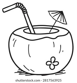 Black and white hand drawn illustration of a tropical coconut drink featuring a bendable straw and a small decorative paper umbrella