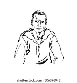 Black and white hand drawn illustration of relaxed positive man.