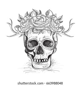 Black and white, Hand drawn illustration of human skull with flowers wreath in boho style.