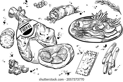 Black and white hand drawn illustrations of food element