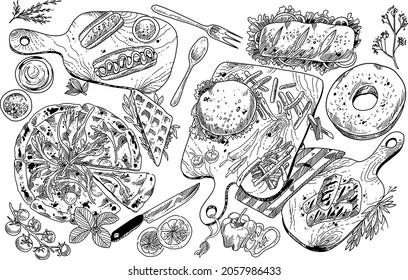 Ilustraciones de alimentos dibujadas a mano en blanco y negro