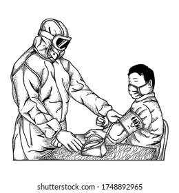 black and white hand drawn ilustration doctor with patient covid19 premium vector