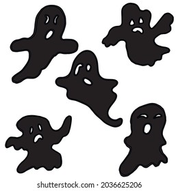 Black and white hand drawn isolated set of ghosts. Ideal for textiles and printed matter.