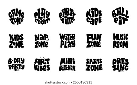 Black and White Hand Drawn Kids Zone Text collection. Lettering Room Names