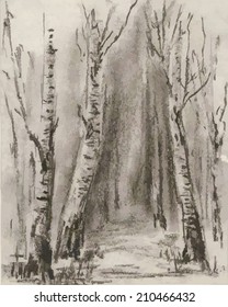 Black and white hand drawn landscape. Vector illustration