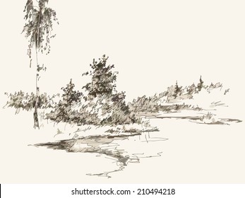 Black and white hand drawn landscape. Vector illustration