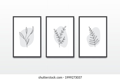 Hojas dibujadas a mano en negro y blanco, ilustración mínima del vector de arte de pared