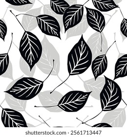 Black and white hand drawn leafy line art seamless pattern with  leaves. Vector botanical ornamental background. Repeat fabric pattern. Monochrome minimalistic leafy repeat ornaments. Endless texture.