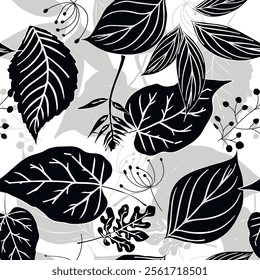 Black and white hand drawn leafy line art seamless pattern with  leaves. Vector botanical ornamental background. Repeat fabric pattern. Monochrome beautiful leafy ornaments. Endless texture.