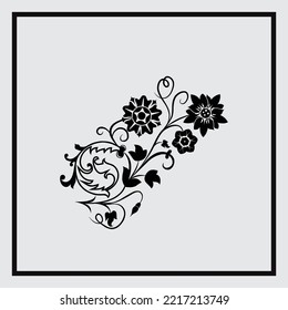 Diseño floral vintage de líneas dibujadas a mano en blanco y negro con elementos florales vectoriales.