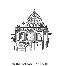 Black and white hand drawn line art illustration of St Peter’s Basilica in Vatican City. Architectural outline sketch featuring the iconic dome and classical European design. Ideal for travel graphics, religious themes, history books, coloring pages, posters, educational content, and cultural illustrations.